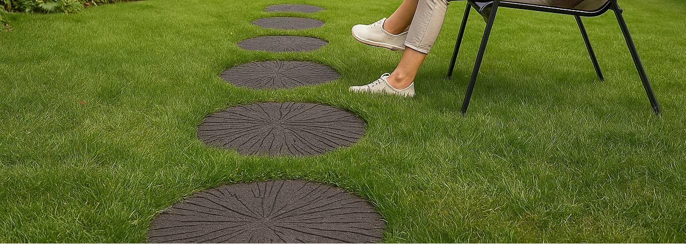 Woman sitting in a chair on a grassy area with stepping stones leading to trees