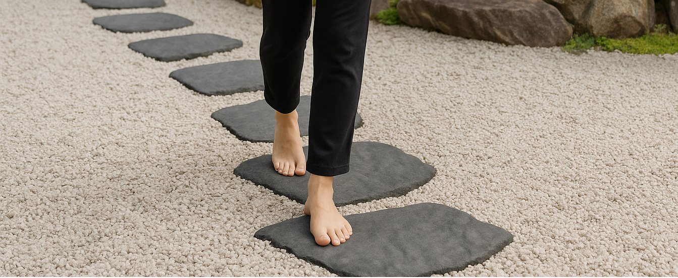 Person walking on stepping stones in a garden holding a yoga mat