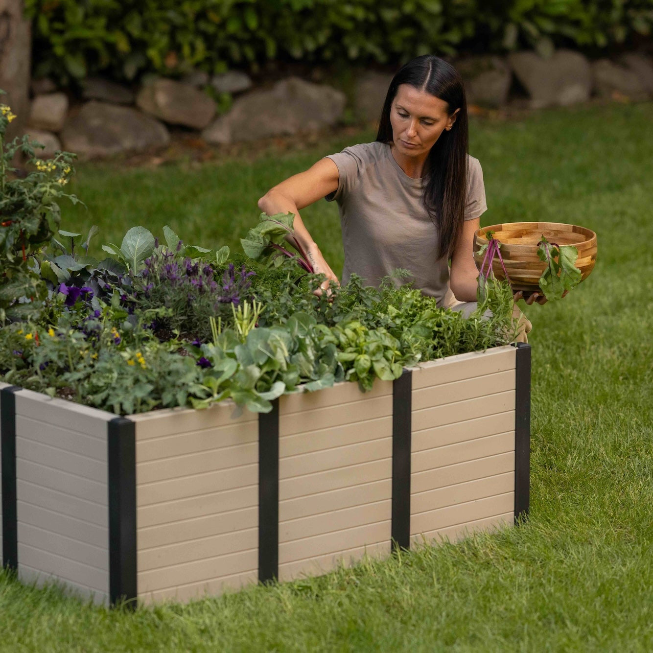 Woman tending to a raised garden bed filled with plants on a grassy area.